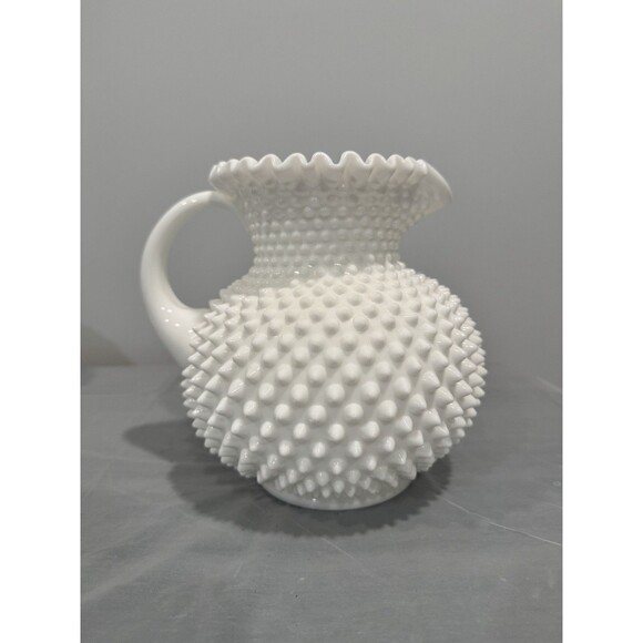 Vintage Fenton White Hobnail Milk Glass Pitcher 8” Ruffled Rim Mid Century - Picture 1 of 7